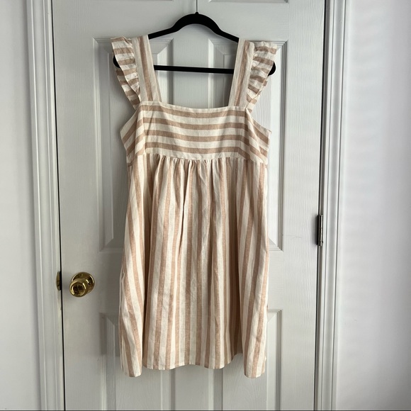 Draper James Linen Blend Babydoll Dress in Awning Stripe Tan Cream Size L - Picture 4 of 14